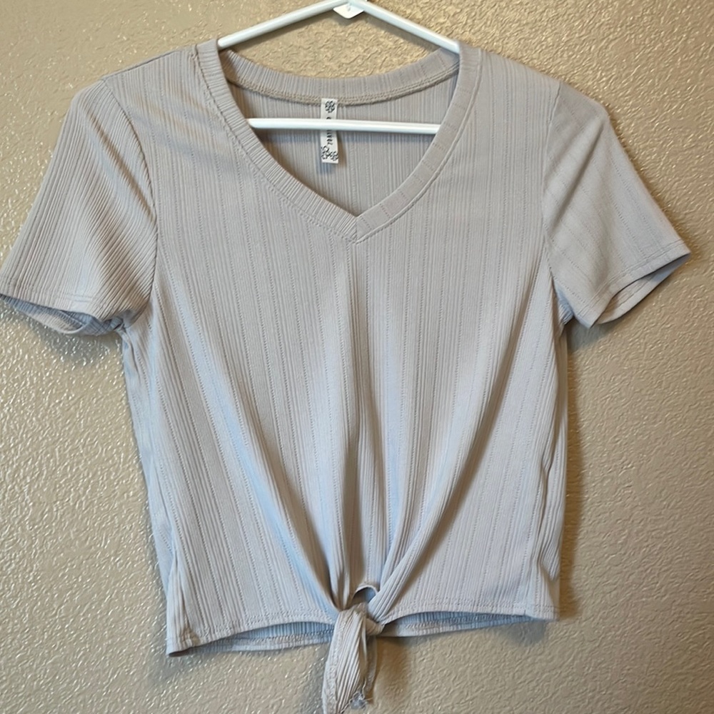 Tan V-Neck Blouse in great condition! Size: L- Fits like a Small